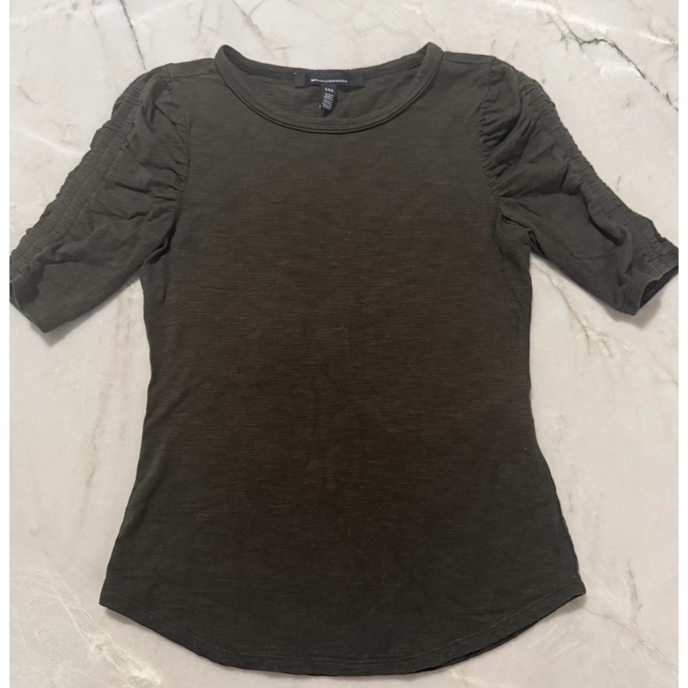 White House Black Market Olive Green Ruched Puff Sleeve Slub Knit Top XXS